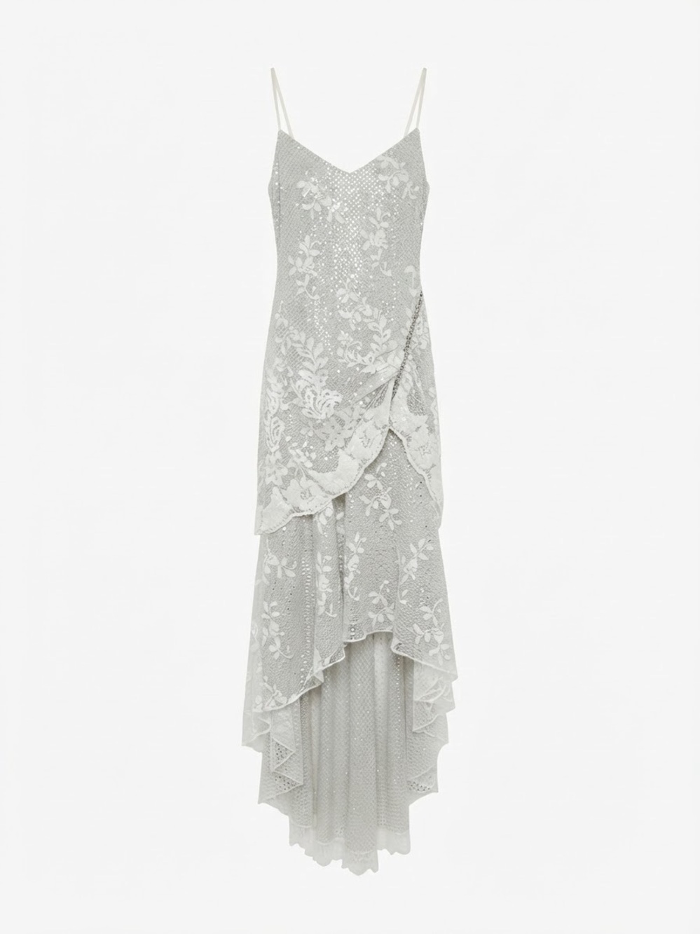 Vintage Masquerade Silver Lace Tiered Maxi Dress